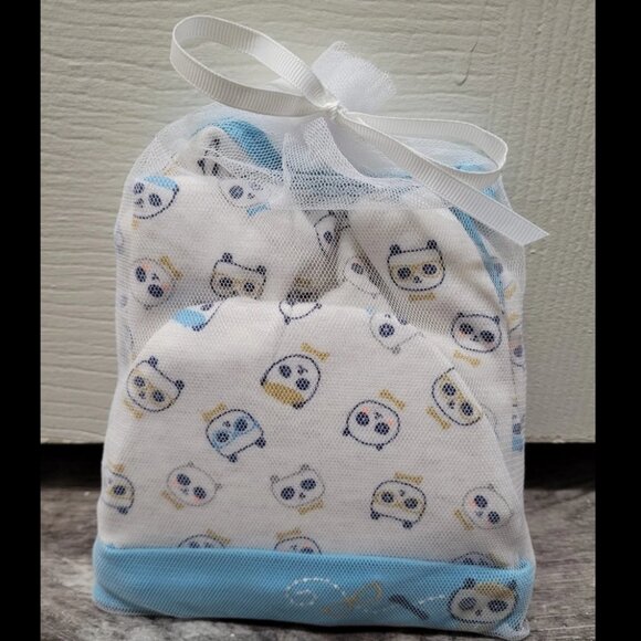 NWT 🐼 Baby Dumpling Infant Outfit white w. blue trim Bodysuit & hat Panda bears - Picture 1 of 2